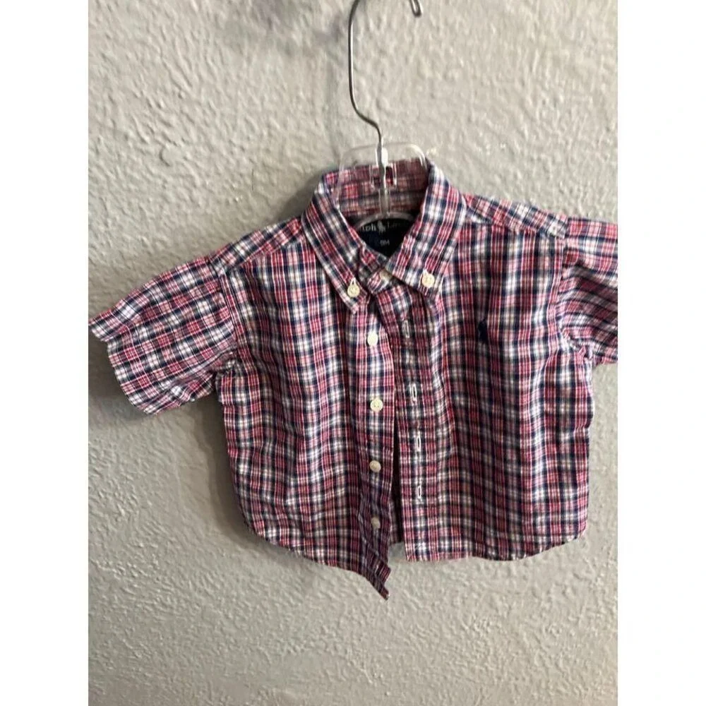 Boys Ralph Lauren red white blue short sleeve button up‎ shirt size 9 months